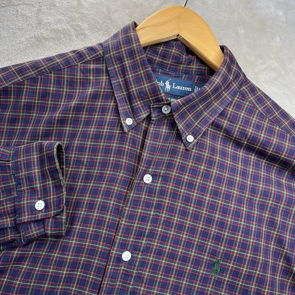 Ralph Lauren Button Down Mens L Navy Burgundy Plaid Classic Fit Cotton Shirt